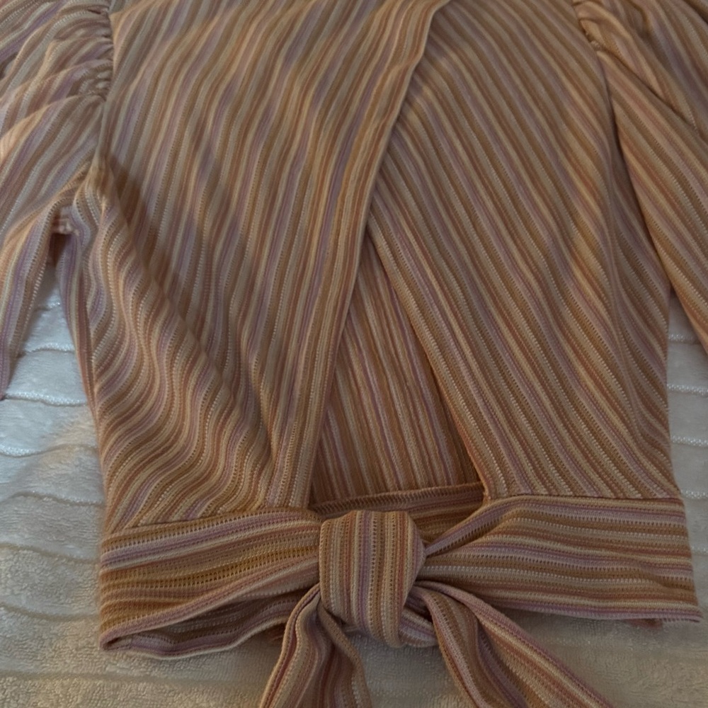 Free People Autumn Nights Striped Puff Sleeve Tie-Back Top - Orchid Rain - Picture 7 of 8